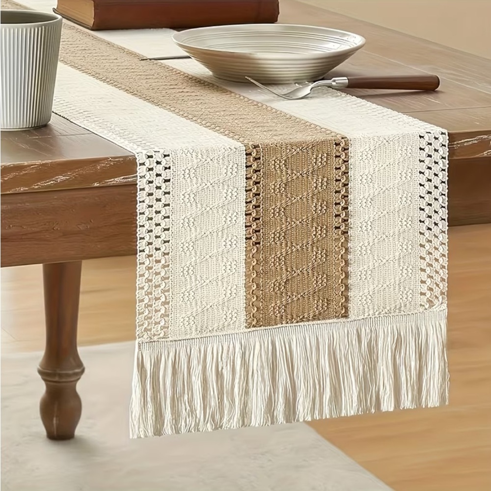 Neutral Boho Woven Table Runner with Fringe – Farmhouse Décor